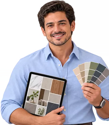 Diseñador muestra propuestas de diseño en una tablet – Diploma en Diseño de Interiores