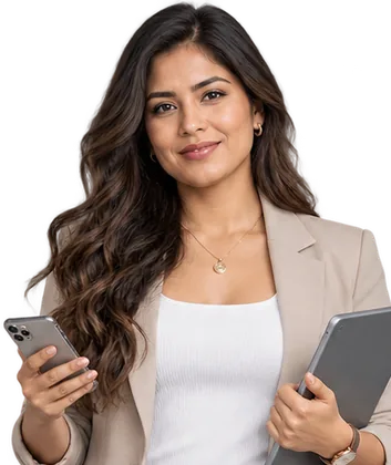 Mujer usa un smartphone y una tablet – Maestría en Marketing Digital UCAL