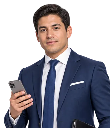 Ejecutivo con terno azul usa su smartphone – Maestría en Gestión Estratégica del Talento