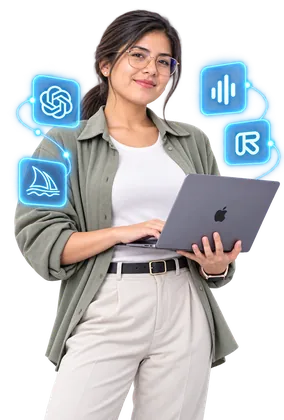 Mujer con laptop rodeada de íconos de lluvia de ideas, audio e investigación – Curso de IA Aplicada al Marketing Digital