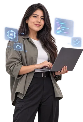 Profesional con laptop e íconos de inteligencia artificial – Curso de IA Aplicada a Soluciones Innovadoras