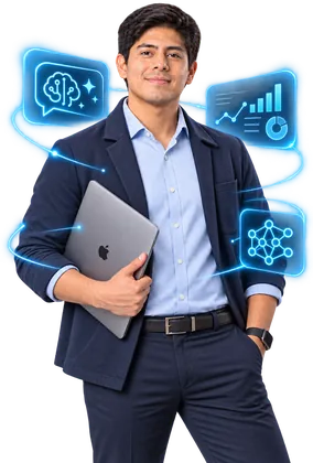 Ejecutivo con laptop rodeado de íconos de analítica y conectividad – Maestría en Transformación Digital