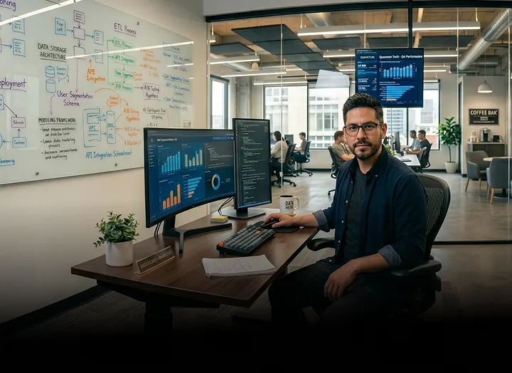 Analista de datos trabaja con dashboards en una oficina tecnológica.