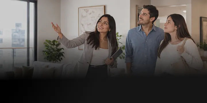 Agente inmobiliaria muestra un departamento a una pareja.