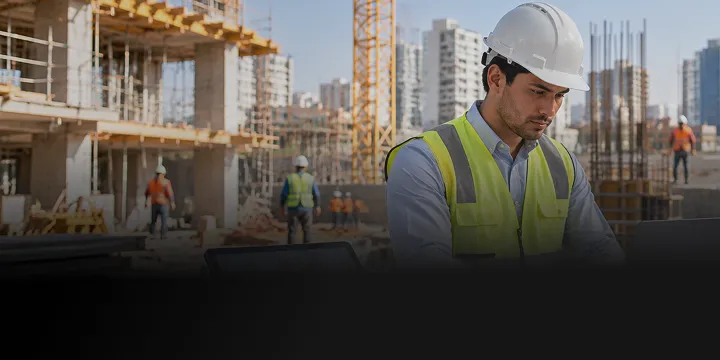 Ingeniero supervisa una obra de construcción con su laptop.