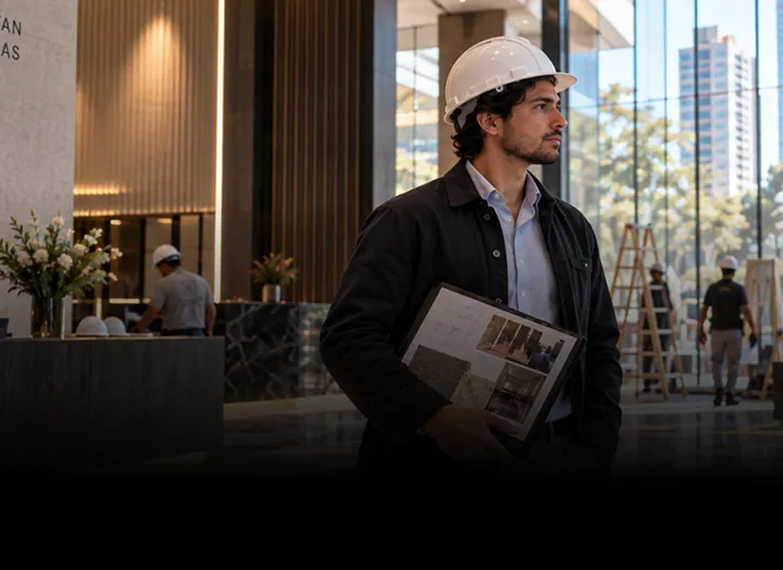 Estudiante de diseño de interiores con casco y planos recorriendo el lobby de un edificio corporativo en obra